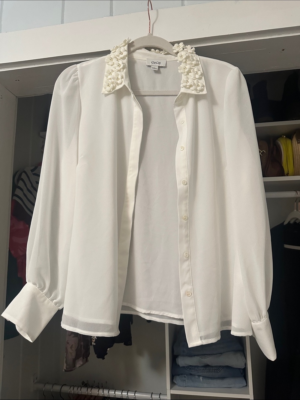 CeCe White Pearl Collar Button-Down Blouse